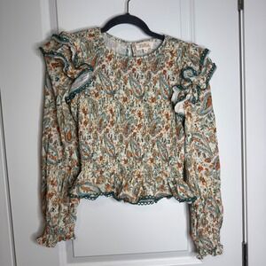 Listicle Paisley Floral Smocked Ruffle Blouse Orange Teal Green LT1374 Medium
